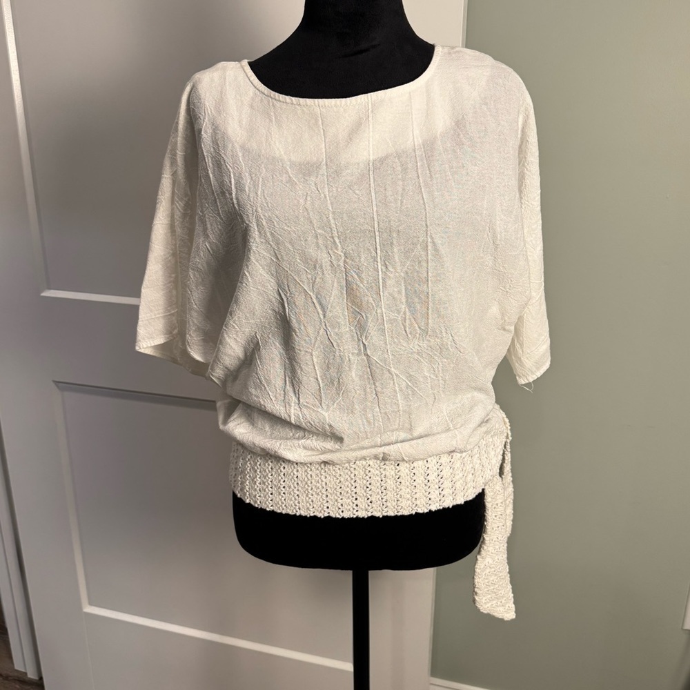 Brownstone studio tie waist boat neck blouse white lightweight airy